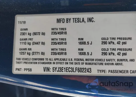 2020 Tesla Model 3 Performance Dual Motor All-Wheel Drive from USA, damaged, VIN 5YJ3E1EC3LF602243